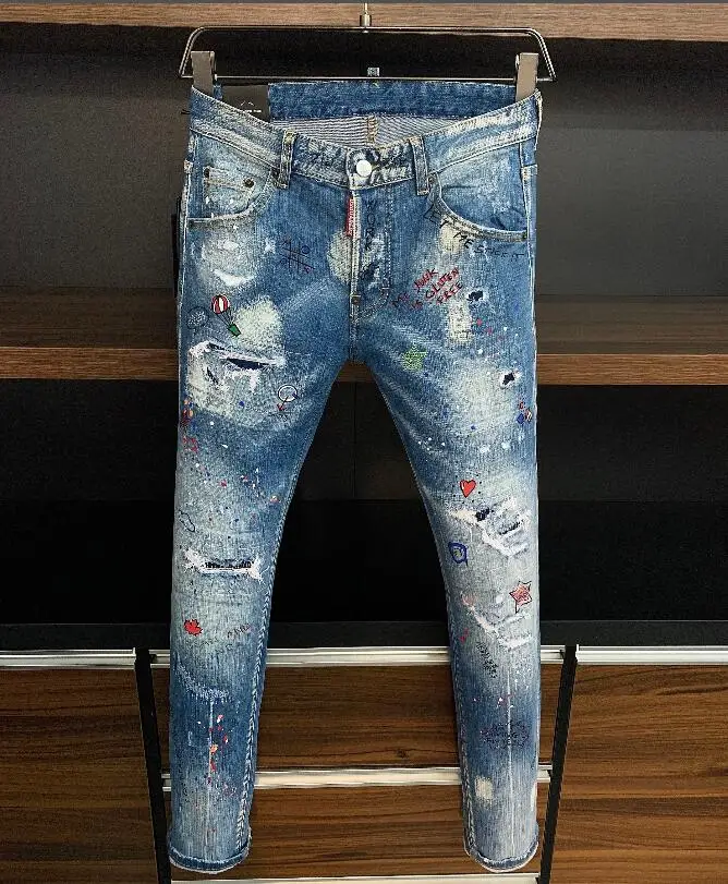 

Original men jeans men Authentic Classic Dsquared2 Stretch Paint Ripped Holes Skinny Jeans, Blue Stitching Skinny Jeans, clothes
