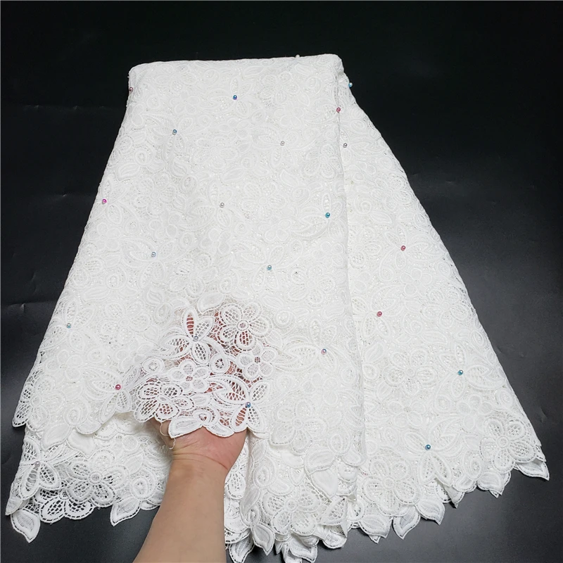 

Skin Friendly Latest White Classic Grade Guipure Lace Soft African Cord Lace with beads Fabric For Wedding Dress NN958-s