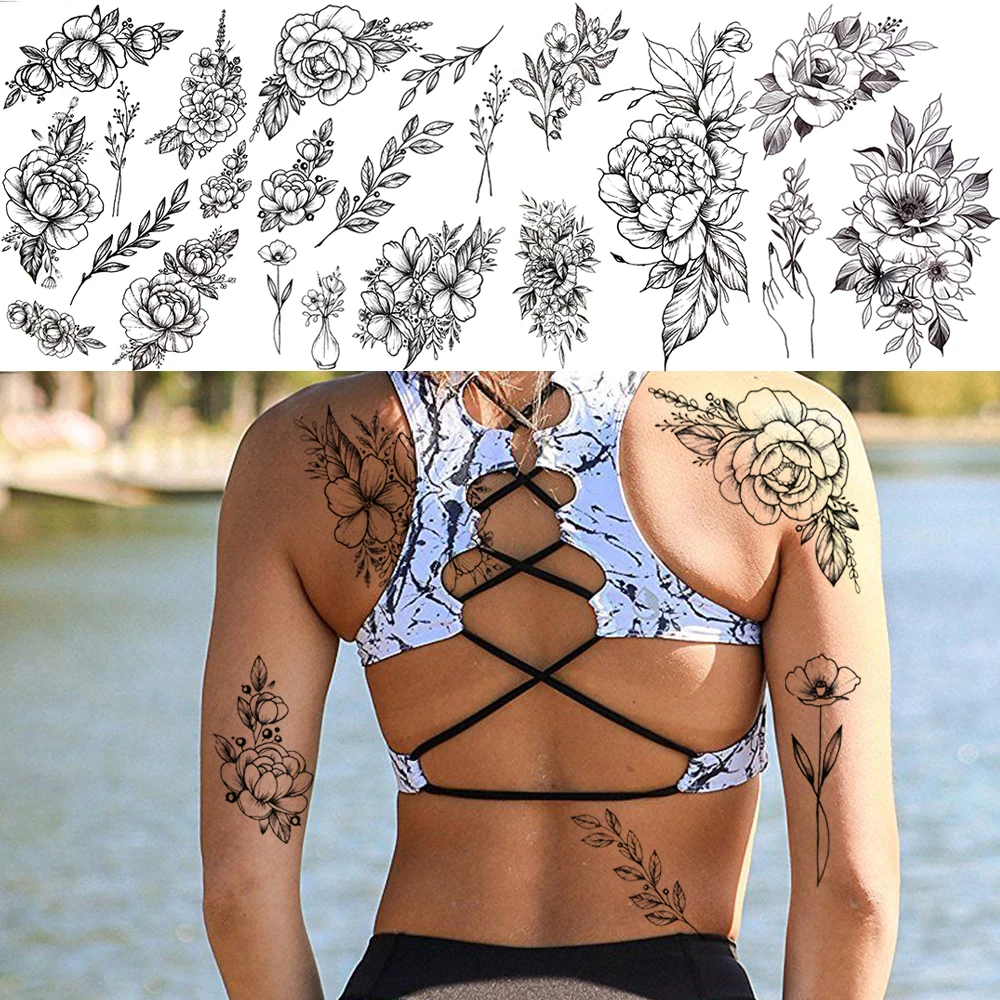 

Black Sexy Flower Temporary Tattoos For Women Realistic Flower Flora Rose Peony Tattoo Sticker Large Back Arm Tattoo Carnations