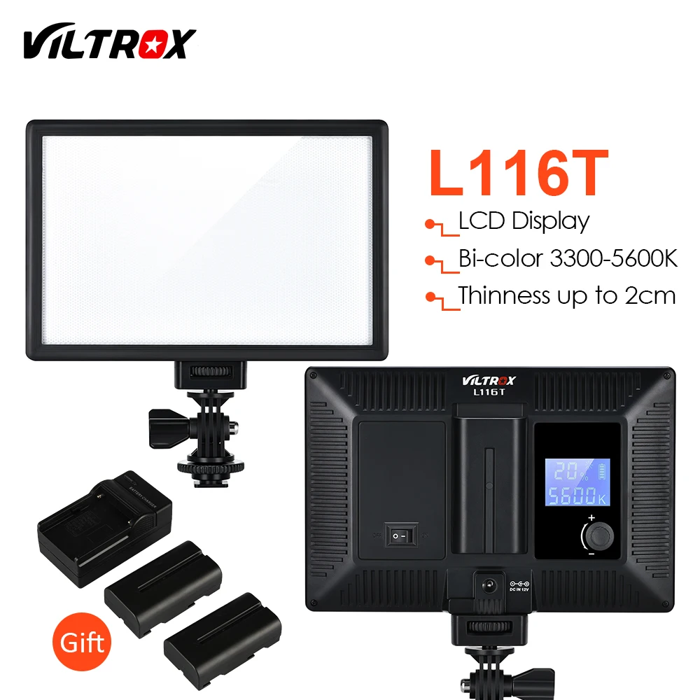 Viltrox L116T тонкий ЖК-дисплей двухцветный Диммируемый DSLR видео светодиодный светильник+ 2 батареи+ зарядное устройство для Canon Nikon камера DV видеокамера