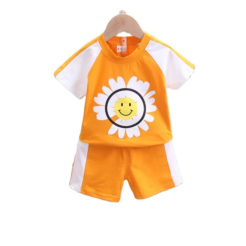 

Summer Korean Cotton Boys And Girls' Set Cartoon Sunflower Pullover Short Sleeve Shorts