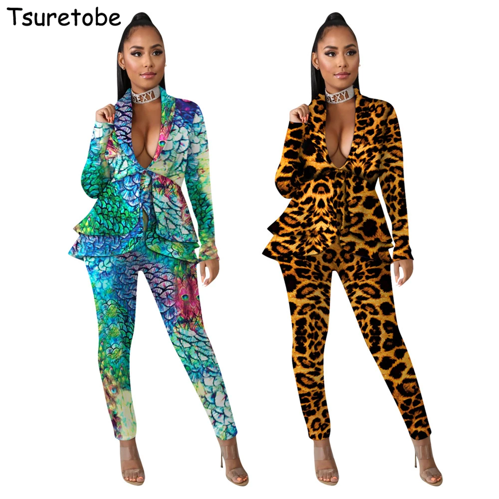 Tsuretobe осенний спортивный костюм Леопардовый принт оборки блейзер и штаны Женский
