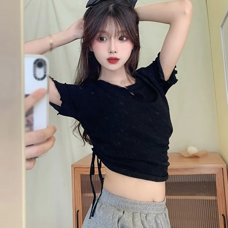 

Women's Slim Slim-Fit Short-Sleeved Top With Drawstring Knit T-Shirt Solid Breathable Simple Women Tees Women's Navel T-Shirt