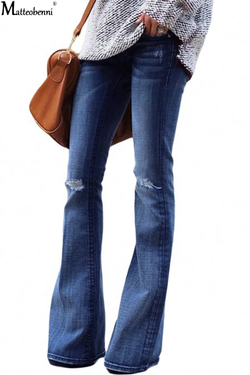 

Autumn Women Vintage Sexy Ripped Flare Jeans High Waist With Holes Bell Bottom Wide Leg Calca Jeans Lady Denim Pants Trousers