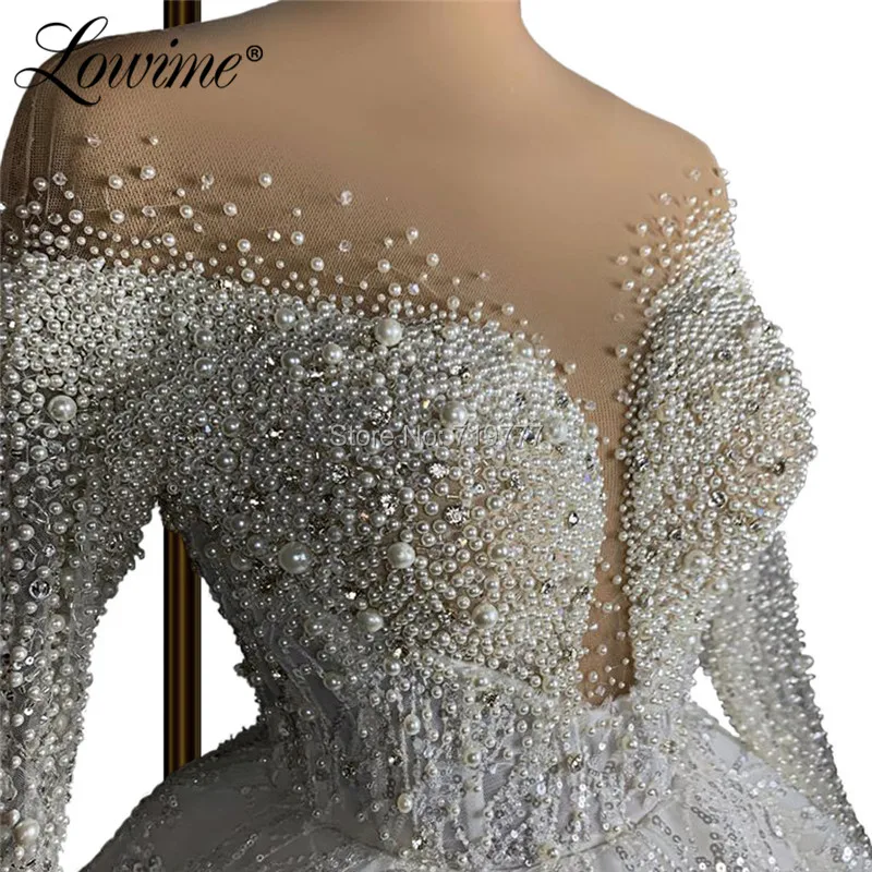 Pearls Beading Wedding Dresses Illusion Long Sleeves Muslim Arabic Bridal Gowns 2020 Luxury Kaftans Wedding Bride Dress
