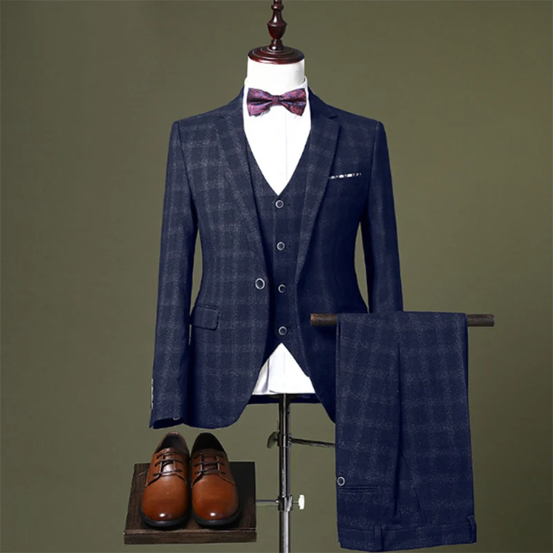 (Куртка + жилет брюки) 2019 новый мужской модный бутик клетчатое свадебное платье
