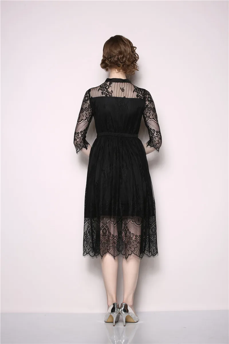 

Women Summer Designer Elegant Lace Shirt Dress Female Office Party Cocktail Robe Black Sexy Lace-Up Bow Dresses Vestidos