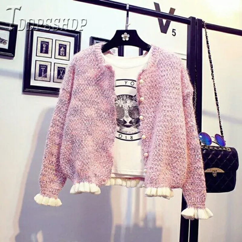 

2019 Short Style Sweet Pearl Button Women Sweater 3 Colors Can Choose Female Sweaters