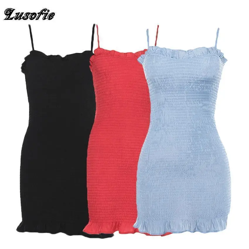

Lusofie Bodycon Mini Dresses Ladies Solid Dress Summer Beach Elegant Leisure vacation lace up dress Stretch Slim Soft mujer