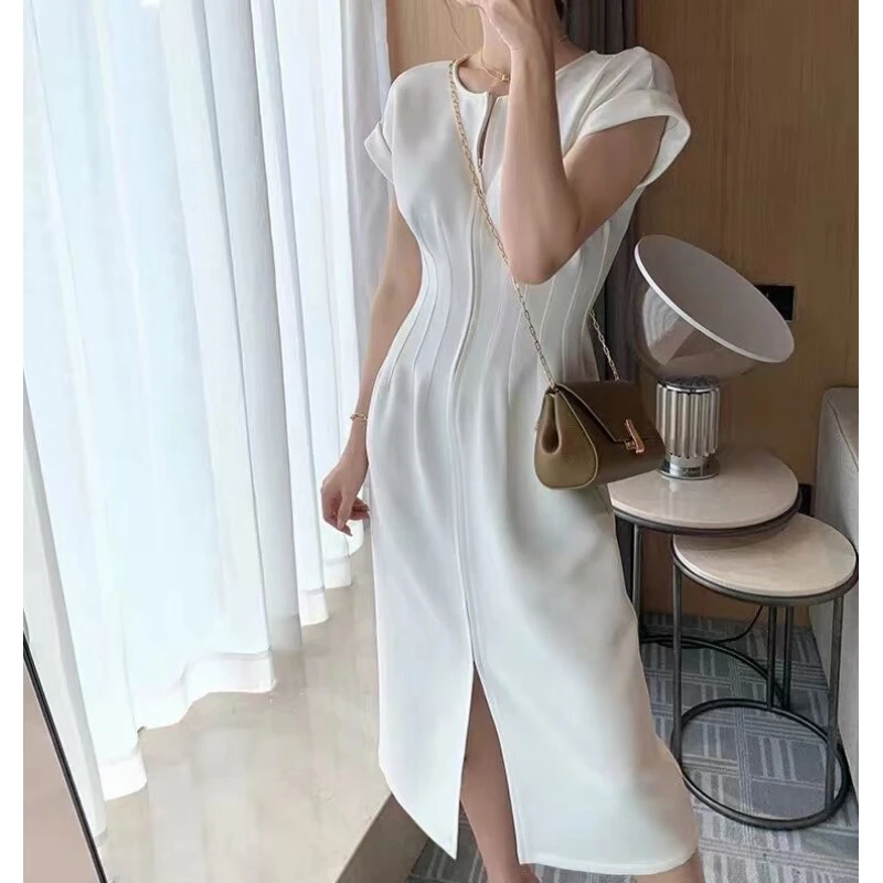 

Ladies New Summer Elegant Slim Dress Female Temperament Skirt Solid Color High Waist Vestidos Office