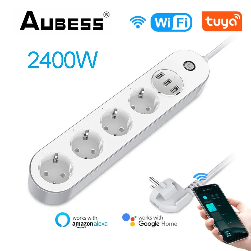 

Wifi Smart Power Strip 4 EU Outlets Plug with 3 USB Charging Port Timing App Voice Control Work with Alexa Google Home
