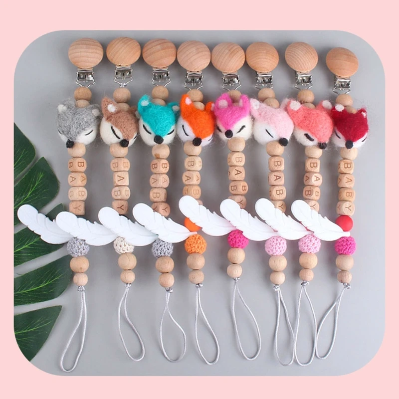 

Baby Wood Pacifier Clip Cartoon Animal Teething Pacifier Chain Silicone Feather Infants Teether Soother Dummy Holder Molar Toys