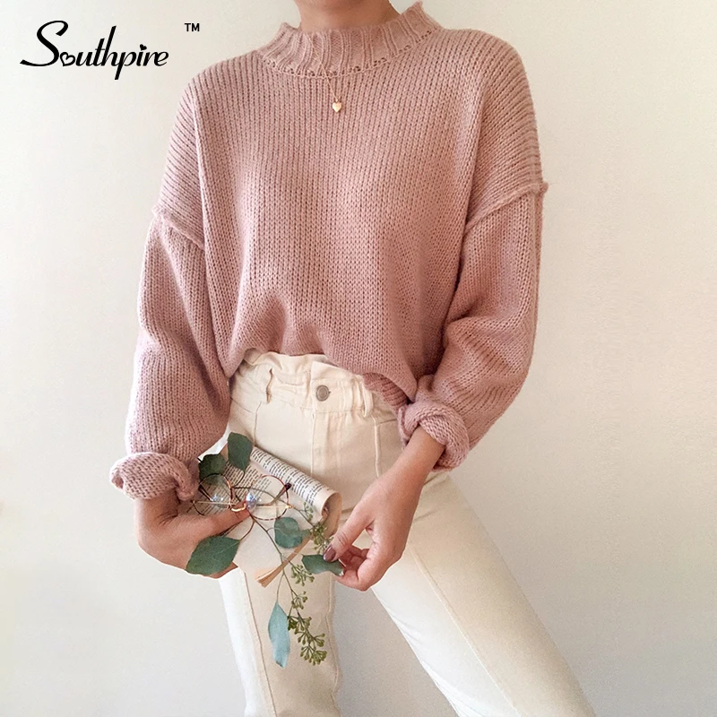 

Southpire Women's Half High Collar Pink Pullover Sweater Long Sleeve Basic Jumper Oversize Sweatrer Autumn Winter Clothing Tops