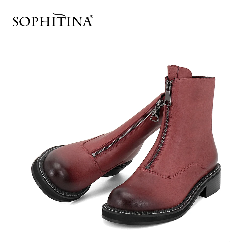 SOPHITINA/Хит демисезонной обуви для женщин 2019г.; Женские ботинки из натуральной кожи с округленным носом на низком каблуке; Осенние ботинки с передним молнией на толстой и легкой подошве; Простые полусапожки BA34