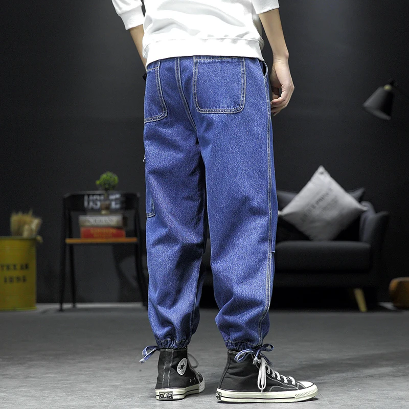 

Men's Fashion Drawstring Jean Pants 2021 Spring Muti-pockets Biker Denim Trousers Cowboy Blue Casual Jeans Plus Size M-5XL