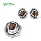 Комплект украшений SANTUZZA для женщин, кольцо и серьги из серебра 925 пробы, со сверкающим коричневым дымчатым стеклом, модные ювелирные украшения