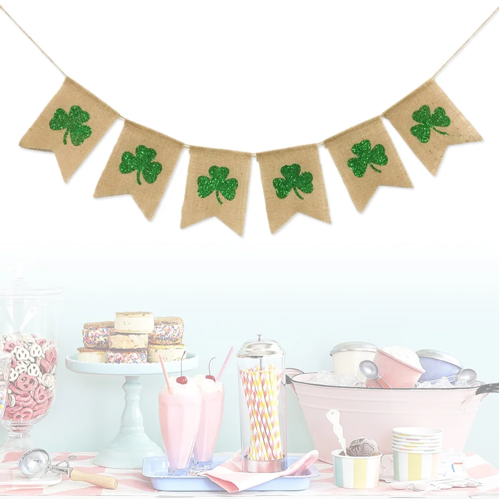

St Patrick's Day Burlap Banner Glitter Four Leaf Banners Garland for Party Decorations