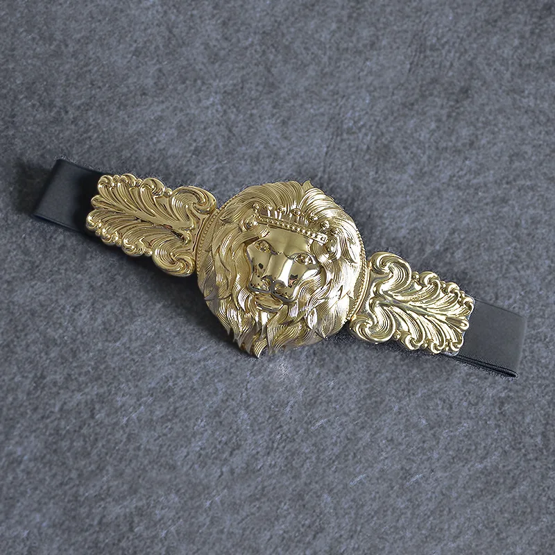

Golden Lion Head Women Girdle Metal Round Buckle Elastic Exaggeration Belt for Women's Black Waistband Gold Elastic Waist Seal