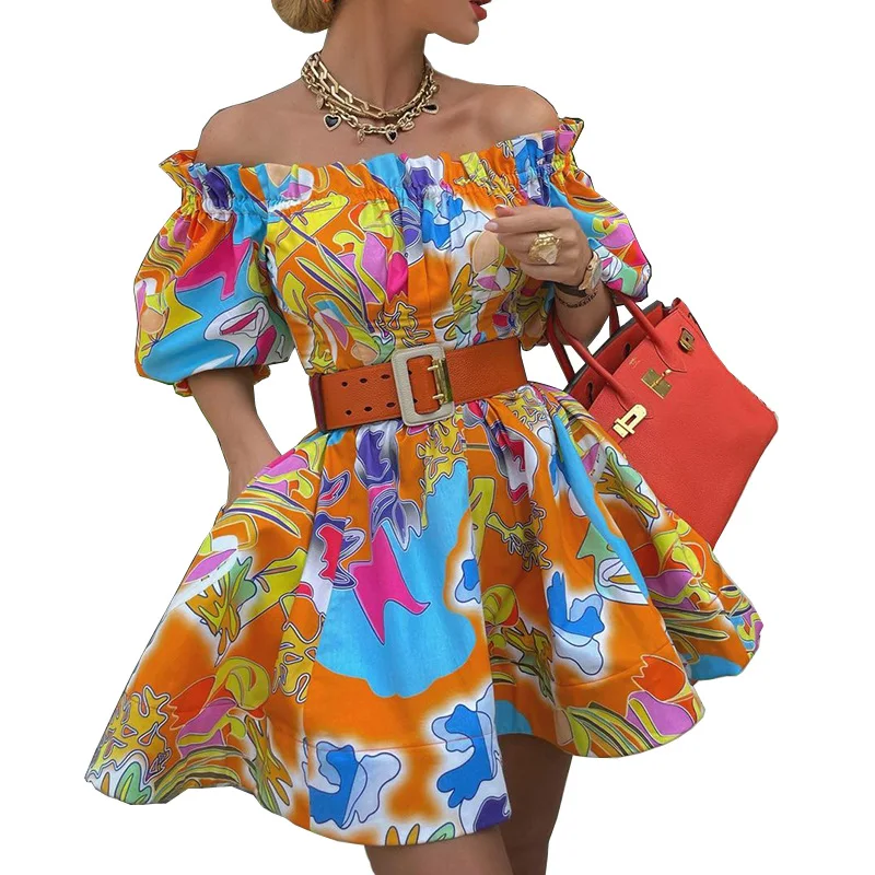 Sexy One-Neck Dress Fashion Dashiki Print Waist Slim Mini Skirt Autumn 2021 New Short Skirt Casual Women