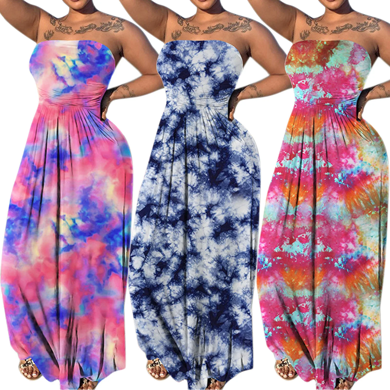 

Women Summer Dresses Off Shoulder Multicolor Tie-Dye Print Sexy Strapless Ruched Sleeveless Chest Wrapping Maxi Bench Sundress