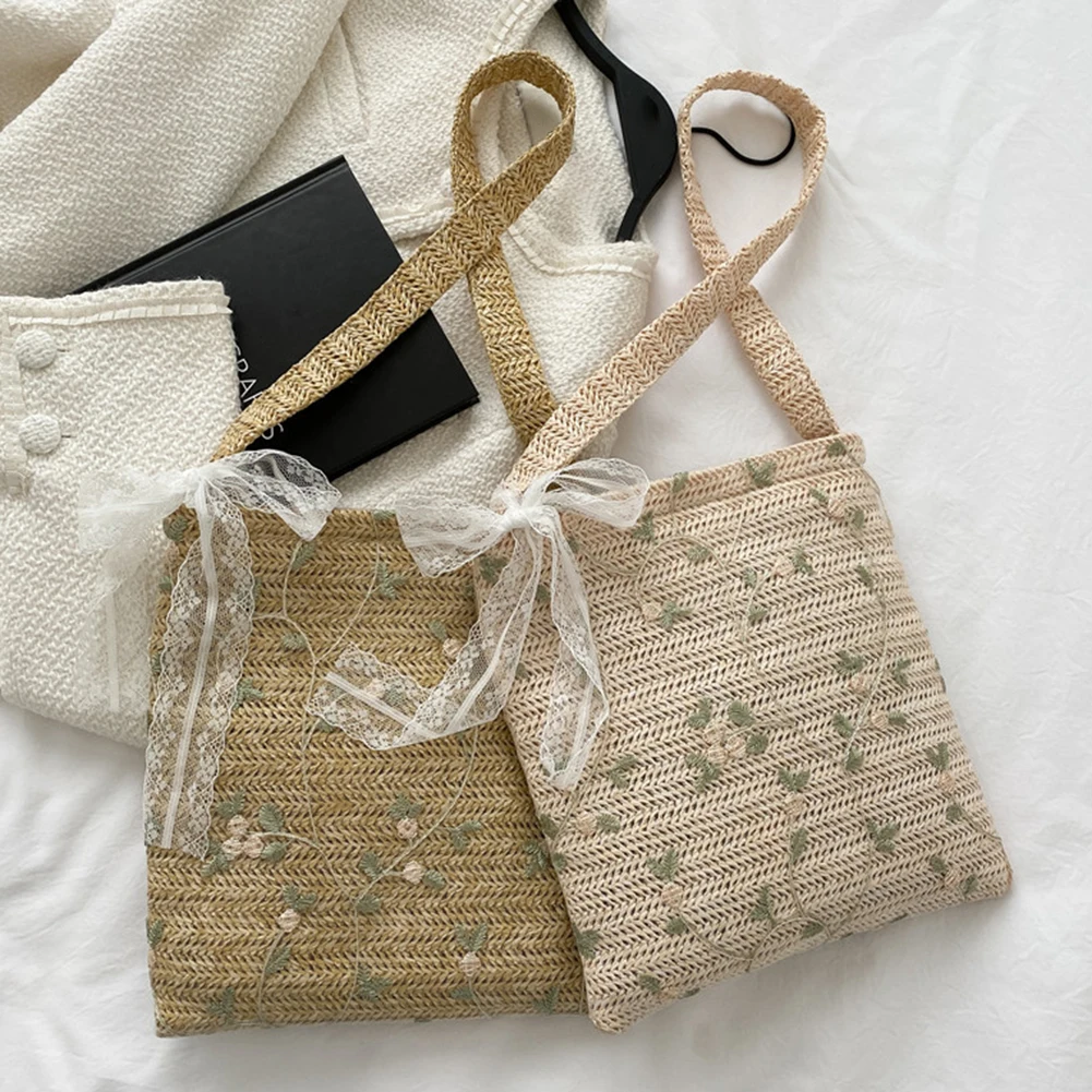 

Vintage Women Woven Lace Flower Embroidery Shoulder Shopping Bag Casual Ladies Bowknot Tote Handbags