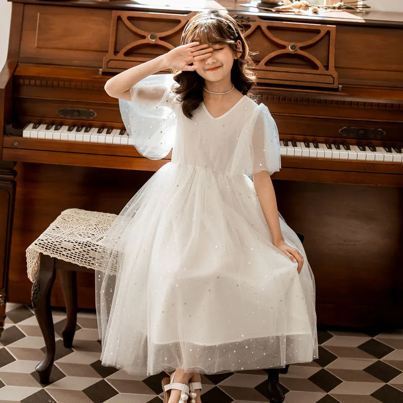 

New Princess Dress Big Girls Dress Fashion Star Printed Mesh V-neck Short Sleeve Kids Clothes 4-14 Birthday Party Dress