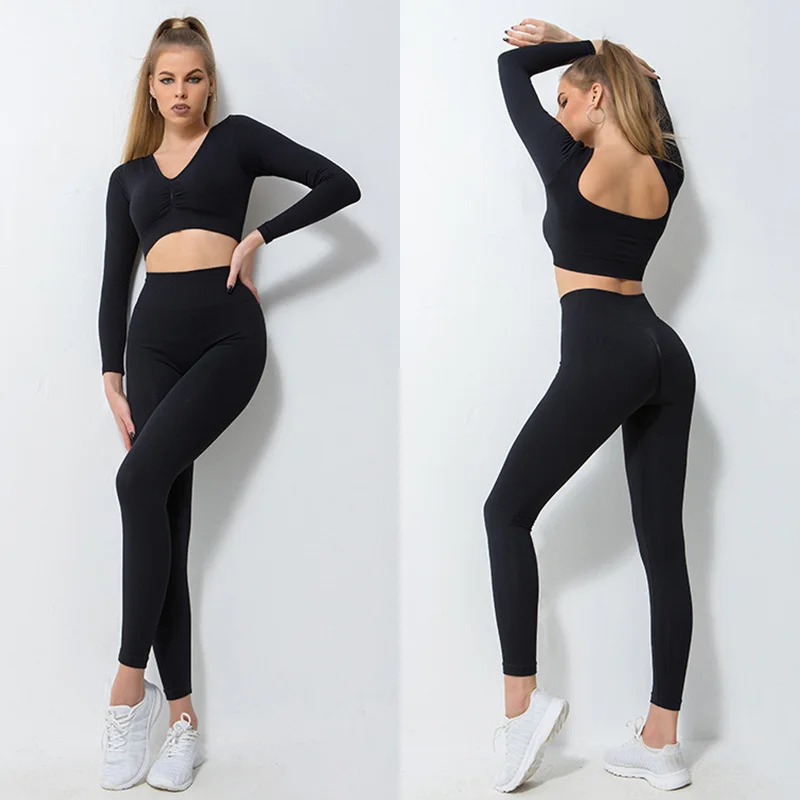 Women Clothing 2/3 Piece Yoga Gym Sets Seamless Fitness Leggings Suit Sportswear Sports Long Sleeve Crop Top Yogas Bra Outfit