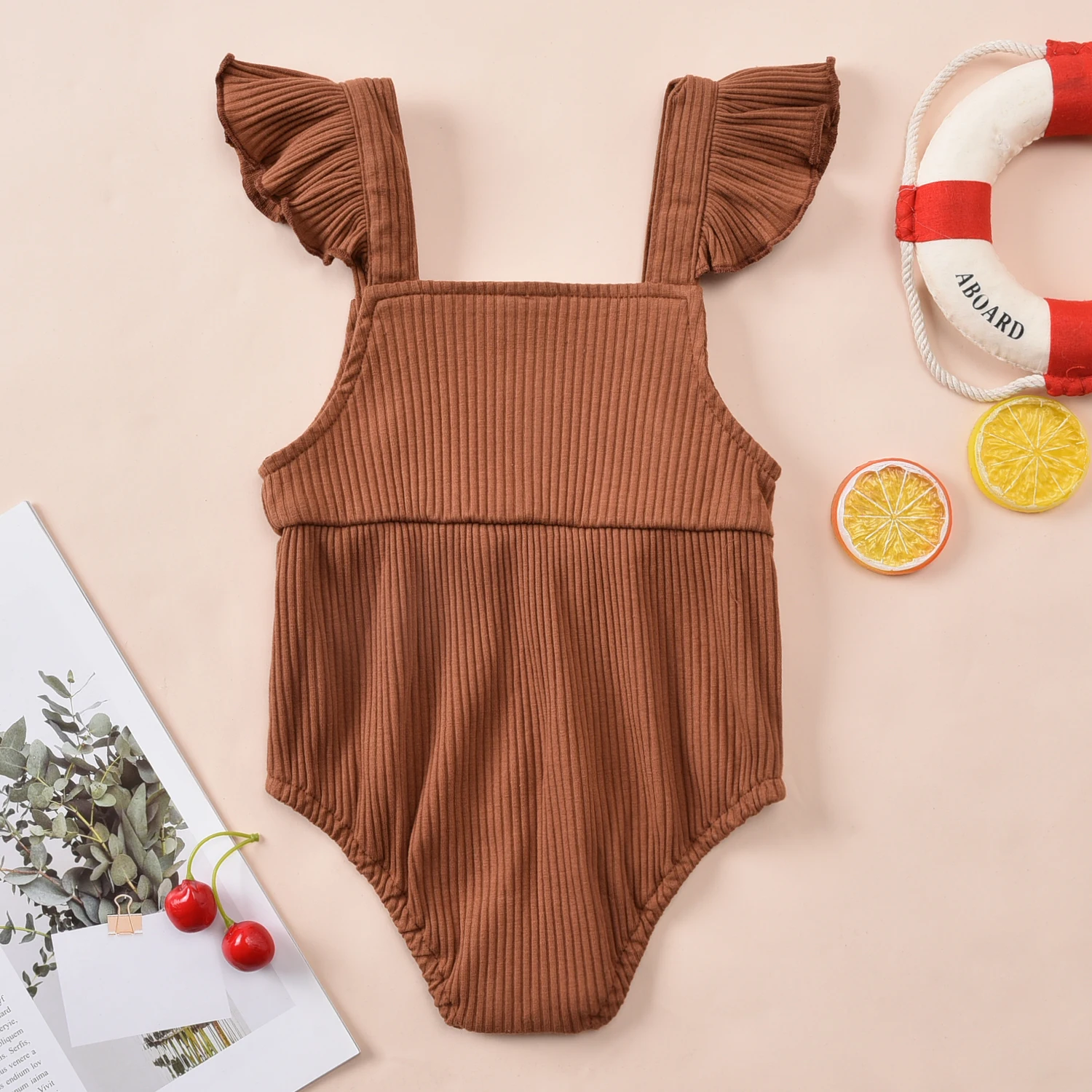 

Toddlers Bbay Girl 0-12M Feather Printing Romper Infant Girls' Flying Sleeve Button Bodysuit, Babies Square Collar Clothing