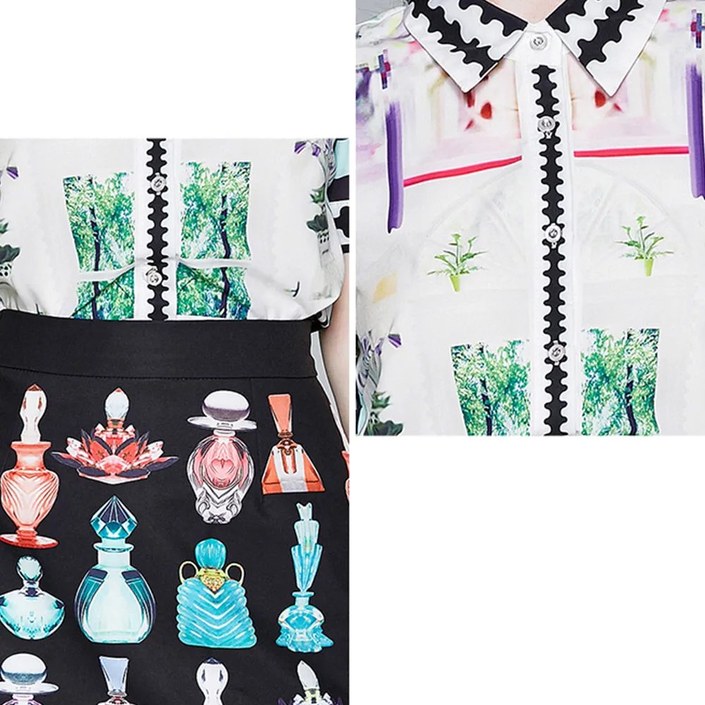 

Banulin Fashion Runway Summer Vintage Set Suit Women's Short Sleeve Shirt and Vintage Printed Bodycon Skirt Two Pieces Set
