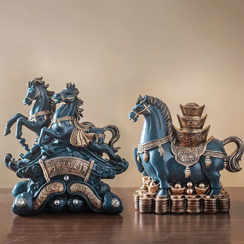 

Chinese Retro Bronze Wealth Horse Artware Sculpture Home Decoration Accessories Modern Art Resin Statue Room Decor Ornament
