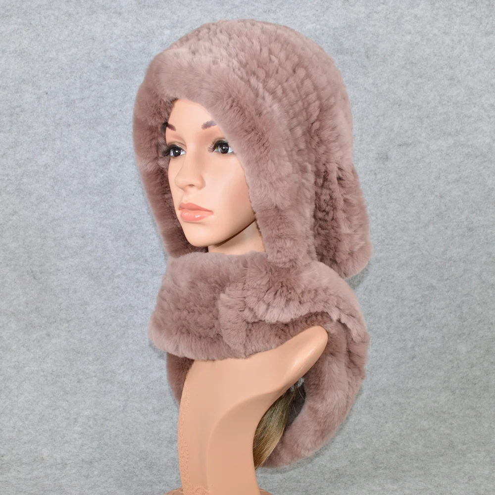 Женская зимняя вязаная шапка шарф из натурального меха кролика Рекс брендовая