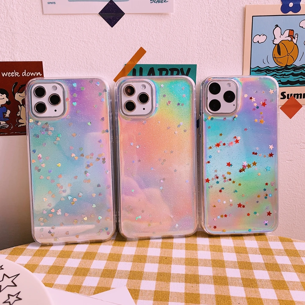 Holographic Glitter Star Heart Sparkle Sequins Soft Clear Silicone TPU Cover For iPhone SE 6 6s 7 8 Plus X XS XR 11 Pro Max Case | Мобильные