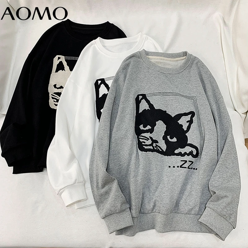 

AOMO Women Fashion Animal Print Gray Sweatshirts Oversize Long Sleeve O Neck Loose Pullovers Female Tops XLJ7A
