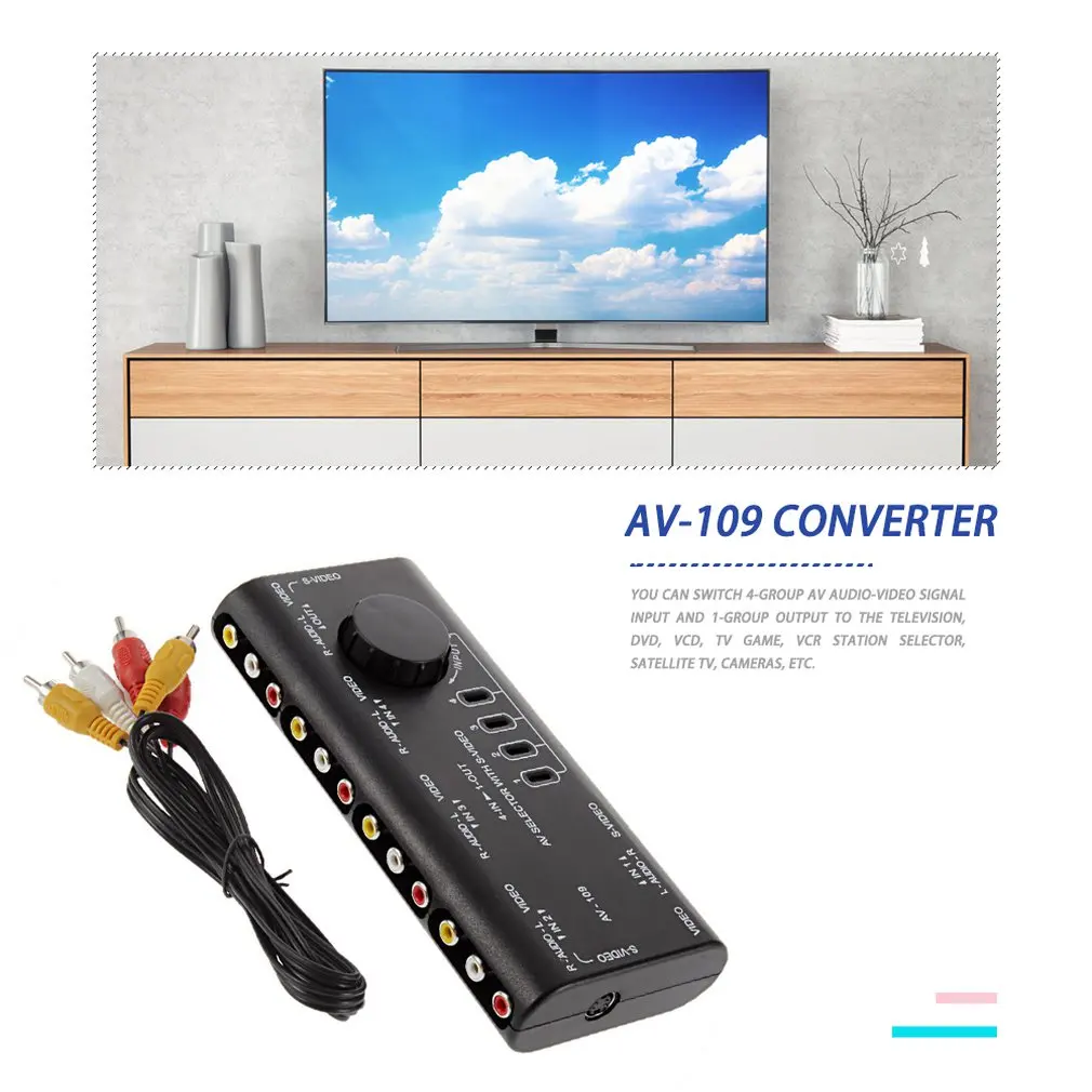 Выключатель сигнала аудио-видео AV RCA Splitter 4-путевой селектор в 1 пакете AUX Polybag Coaxial Cables ONLENY.