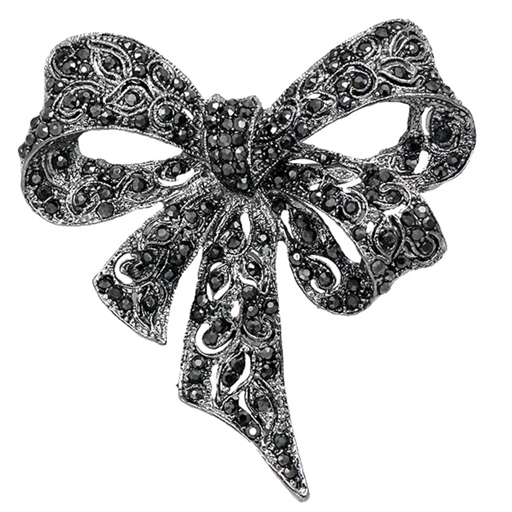Броши бант женские со стразами черного цвета зимние с большим бантом брошь на