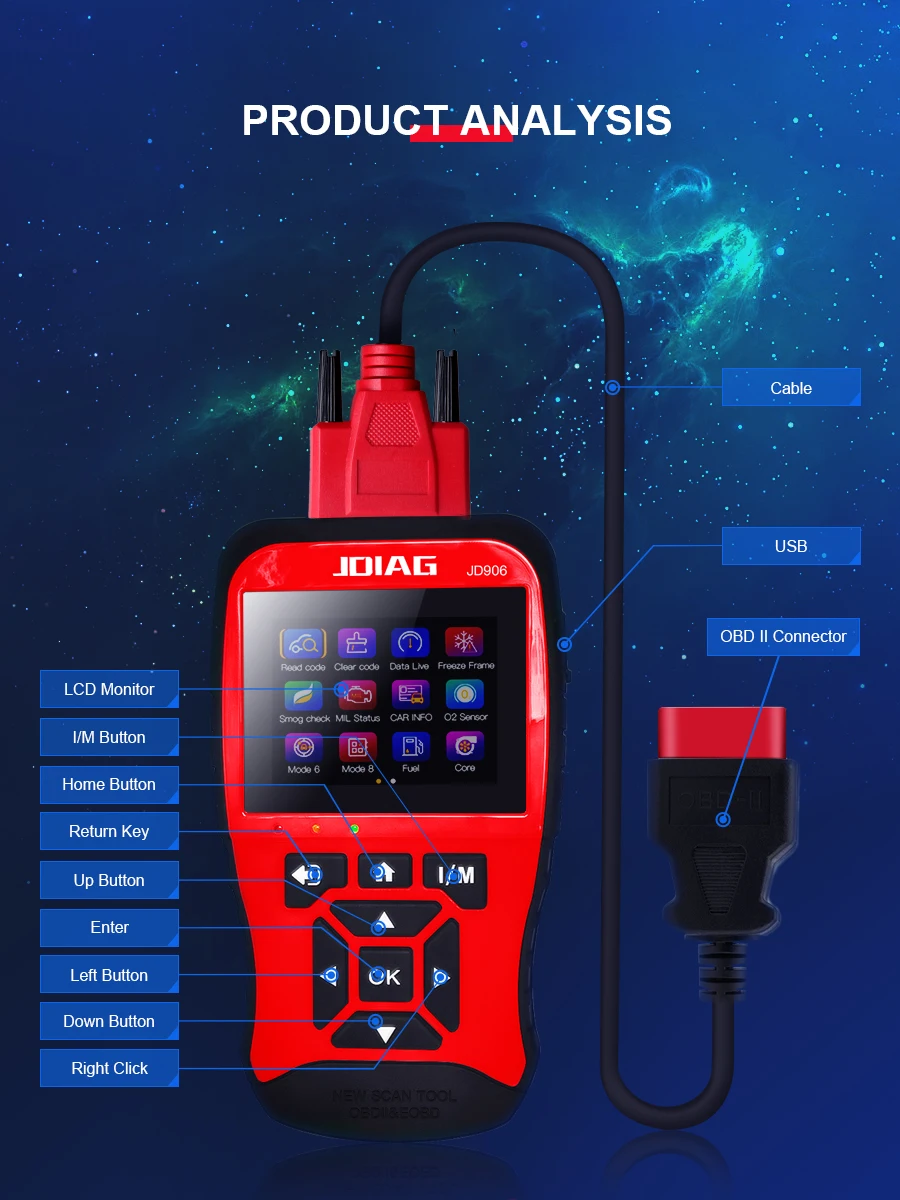 Профессиональный автомобильный диагностический инструмент JDiag JD906 OBD2 сканер