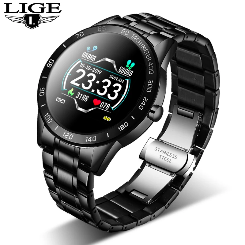 

LIGE steel smart waterproof watch men leather smart watch sport For iPhone Heart rate blood pressure Fitness tracker smartwatch
