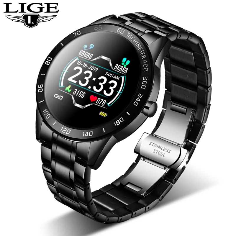 Смарт-часы LIGE steel мужские с кожаным ремешком пульсометром и тонометром |