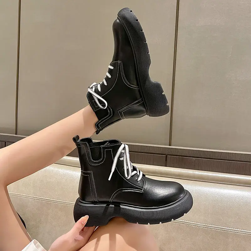 

2022Leather Women's Ankle Boots Winter Lace Up Warm Flat Soled Thick Soled Shoes Fashion Casual Shoes Short Boots Shose Women
