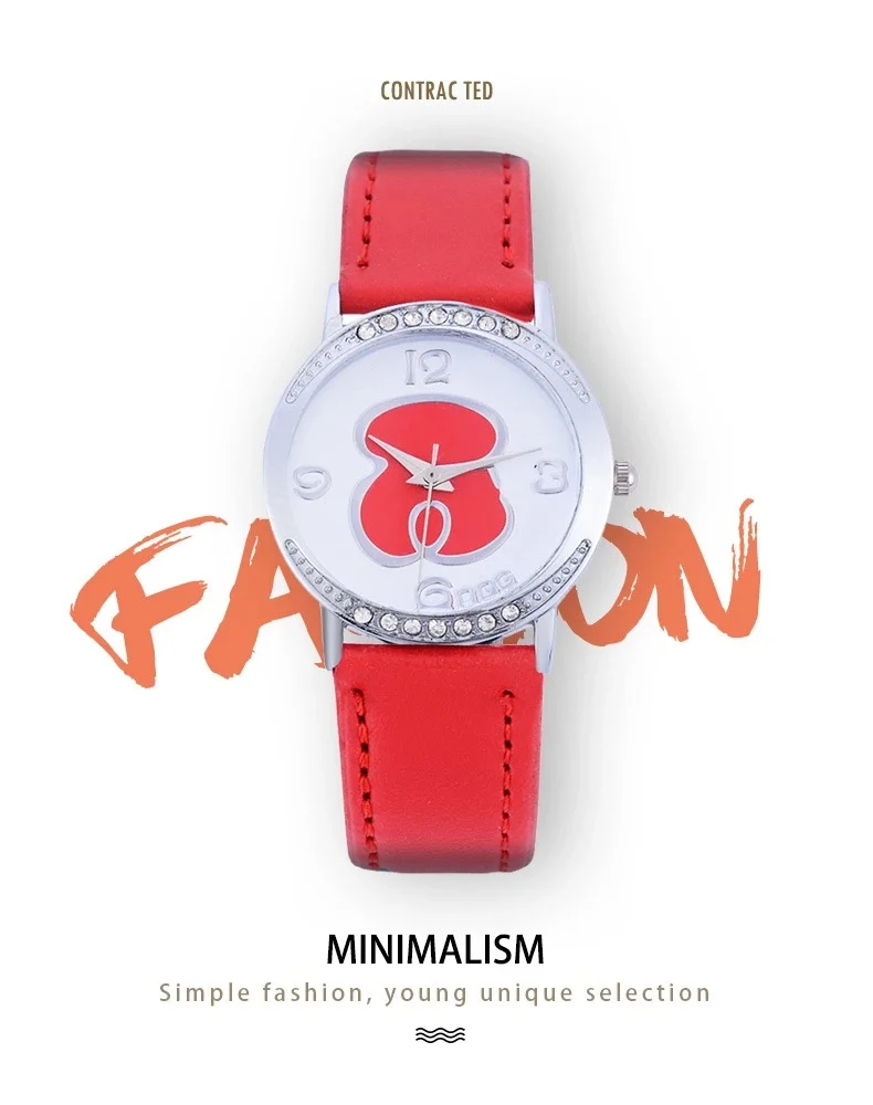

Relogio Ladies Quartz Watch Leather Strap Cute Bear Pattern Silver Shell Diamond Female Student Fashion Casual Cute Female Watch