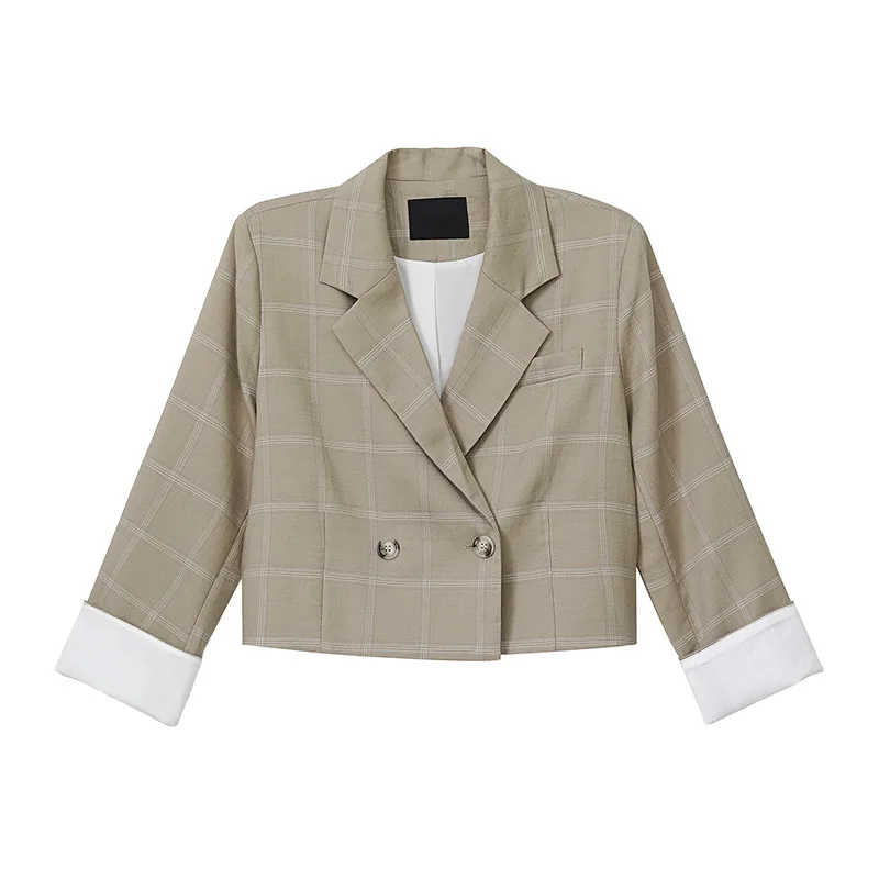 

TVVOVVIN Stylish 2021 Korean Spring New Simple Long Sleeve Casual Plaid Short Blazer Women's Vintage Loose Coat H319