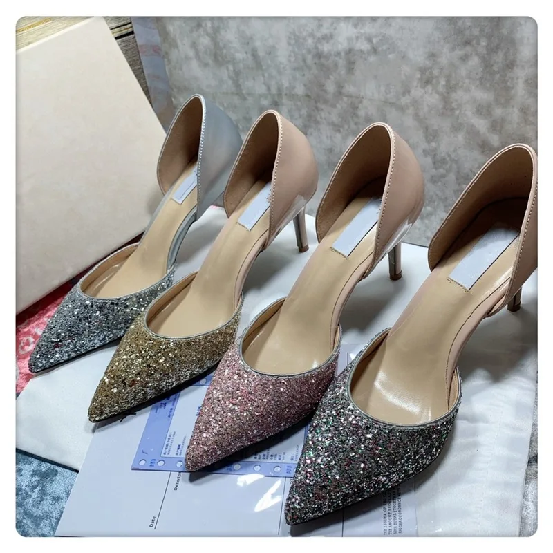 

Остроносые блестящие женские летние туфли на высоком каблуке новый стиль банкетные туфли на шпильке с вырезами свадебные туфли с кристалла...