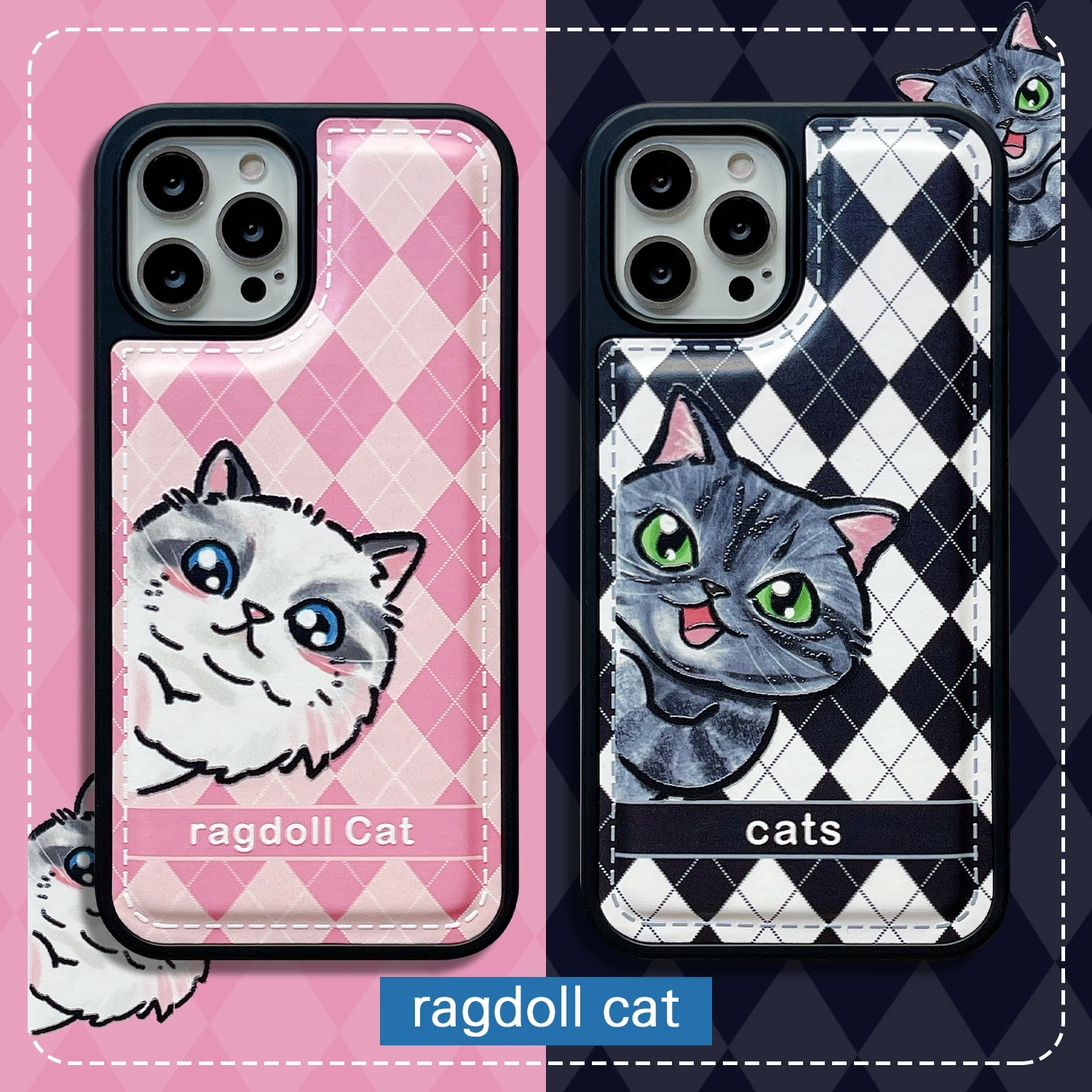 

Leather phone case Plaid phone case White cat phone case For iPhone 13 12 11 Pro Max XS Max XR X 8 8 Plus