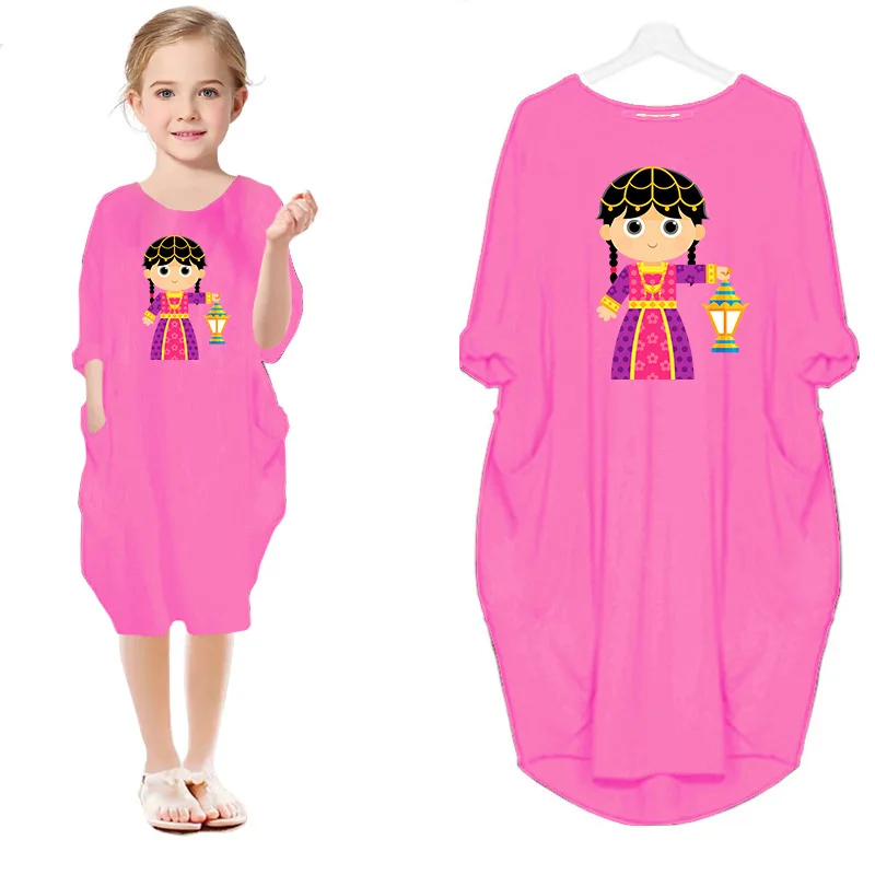 

Muslim Summer Ramadan Dress Baby Girls Cartoon Casual Dress Mommy and Me Family Matching Outfits Kids Eid Mibarak Party Clothes