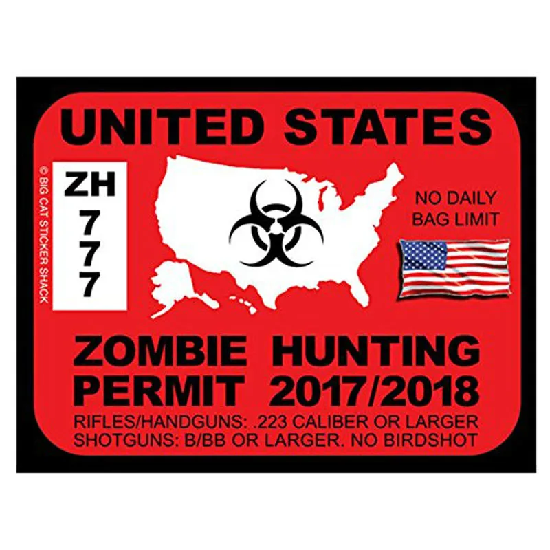 

United States ZOMBIE Hunting Permit Car Stickers and Decals Bumper Window Laptop Motorcycle Cover Scratch Accessories KK14*11cm