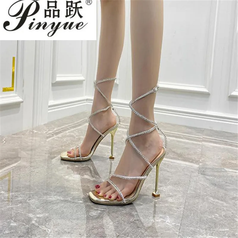 

Bling Crystal Sprial Crystal Thin High Heel Sandals Formal Prom Shoes Woman Blingbling Diamond Open Toe Stilettos Party Sandals