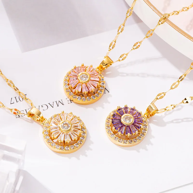 

New Design Rotatable Necklace Pink Pruple Zircon Pendant Titanium Steel Neck Chain Fine Jewelry Set Fashion Accessories Ornament