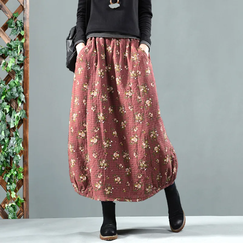 Бархатная юбка с принтом в стиле ретро из хлопка и льна длинная цветочным