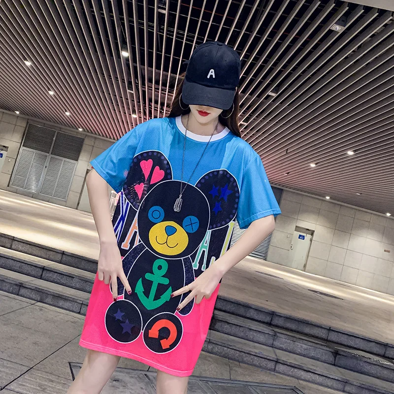 

Donsignet Fashion Women's T-shirt Casual Round Neck Pullover Cartoon Printing Mesh Loose Plus Size Oversized T-shirt Crop Top
