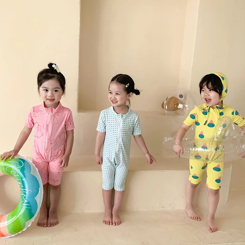

HAYANA 2021 Summer New Kids Swimsuit Short Sleeve Print Cartoon Swimwear O-Neck Cute Clothes Children With Hat